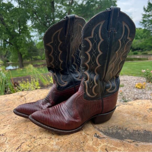Vintage Tony Lama Black Label Exotic Lizard Leather Cowboy Boots 8 EE 86635